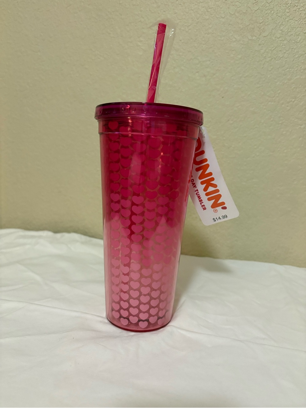 Dunkin' Pink Heart Pattern Tumbler Cold Cup w/ Straw Coffee & Tea Theme